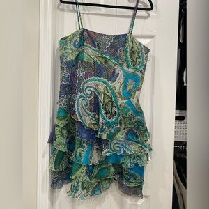 100% silk Women’s Paisley Ruffle Mini Dress - Green/Blue
